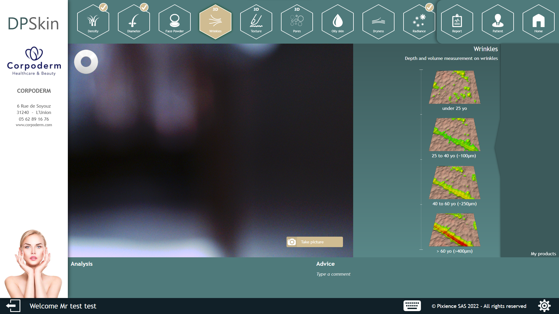 evaluación de pasos de análisis de la piel con dp skin